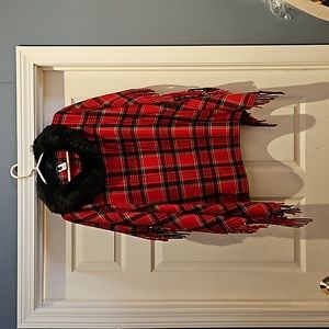 Talbots polyester/acrylic holiday plaid, faux fur trimmed poncho.